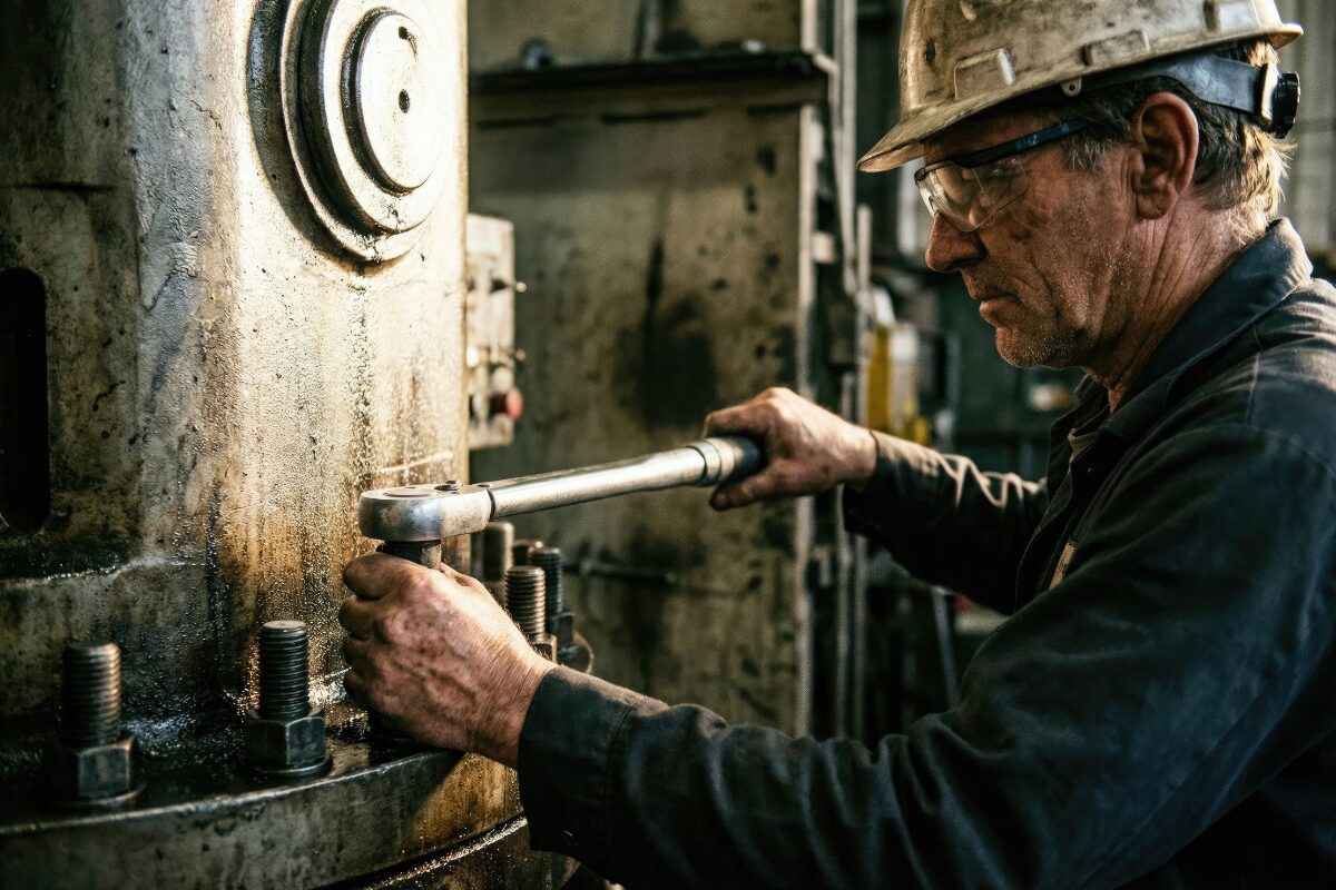 Industrial technician using a torque wrench to tighten flange bolts during gasket installation