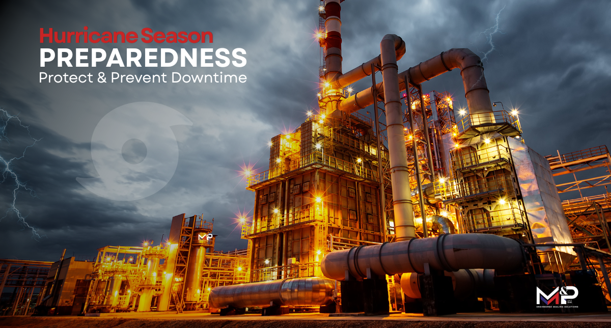 Industrial refinery preparing for hurricane season with storm clouds over critical process equipment